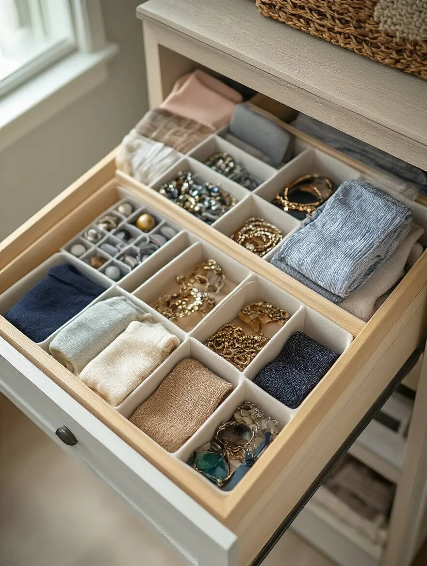 Organized drawer with adjustable dividers showcasing compartments for various items
