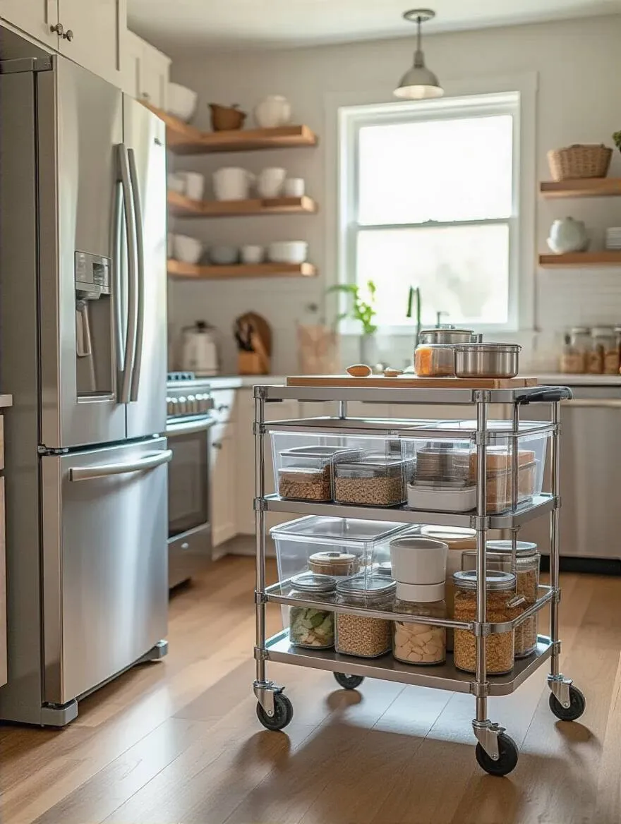 Modern kitchen roll-out cart with casters, fully organized with kitchen supplies and pantry items, shown in a bright, clean kitchen space