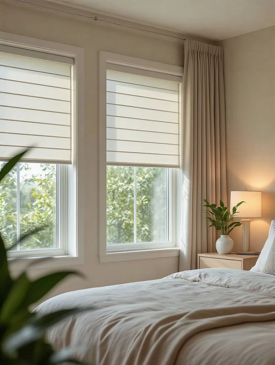 Modern master bedroom with smart automated blackout roller shades and intelligent lighting system, showcasing privacy and light control.