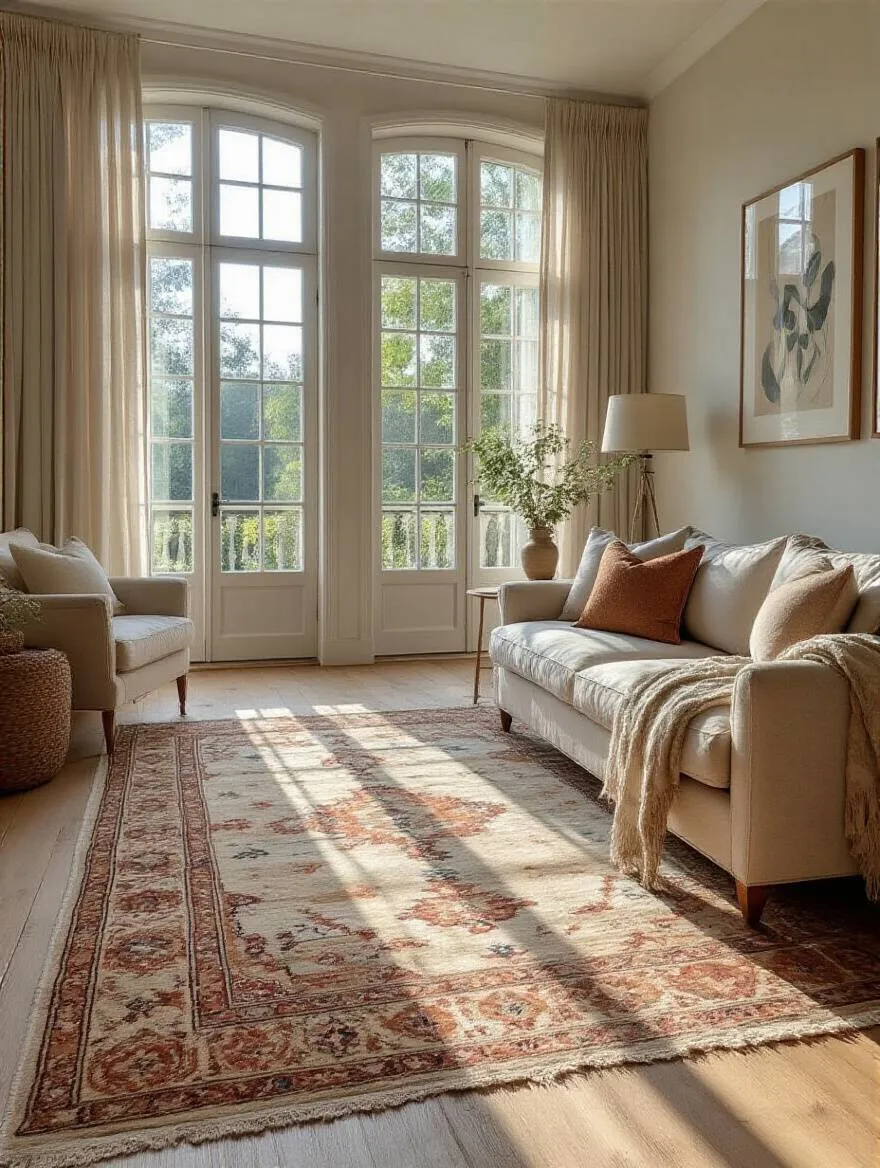 Living room with a rug positioned for optimal elongation