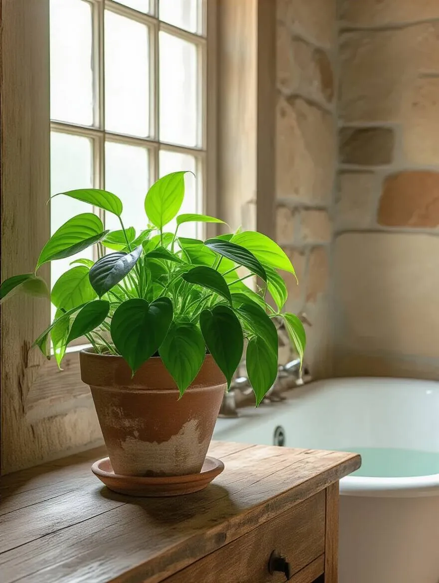 A rustic bathroom with a Pothos plant in a terracotta pot on a wooden vanity.