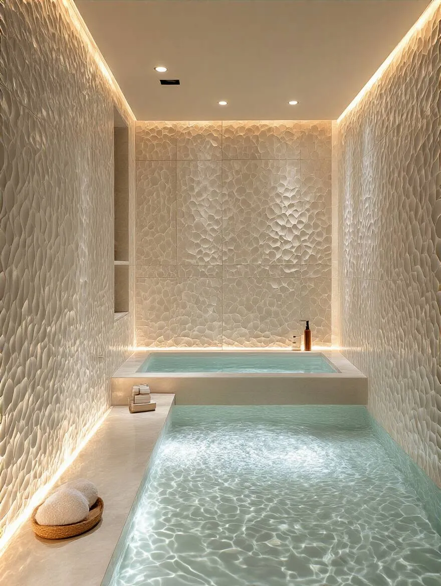 Luxurious bathroom with textured tiles enhanced by thoughtful lighting placement.