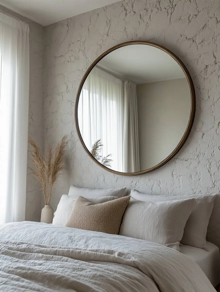 Bedroom wall with securely installed large decorative mirror showing damage-free installation and pristine wall