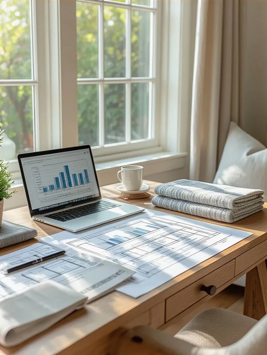 Master bedroom design budgeting scene with spreadsheets, blueprints, and fabric swatches on a wooden desk in a bright home office