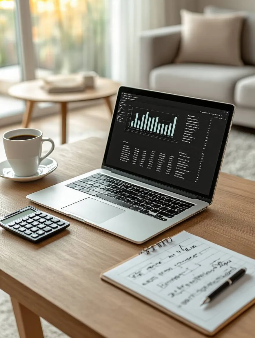 Workspace showing budget planning tools for living room furniture decor with laptop, calculator, and notes