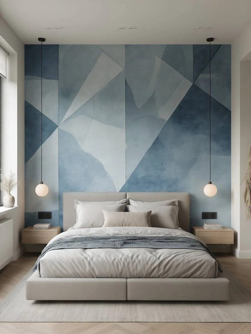 Modern bedroom with an oversized geometric wallpaper mural as a strong focal point behind the bed