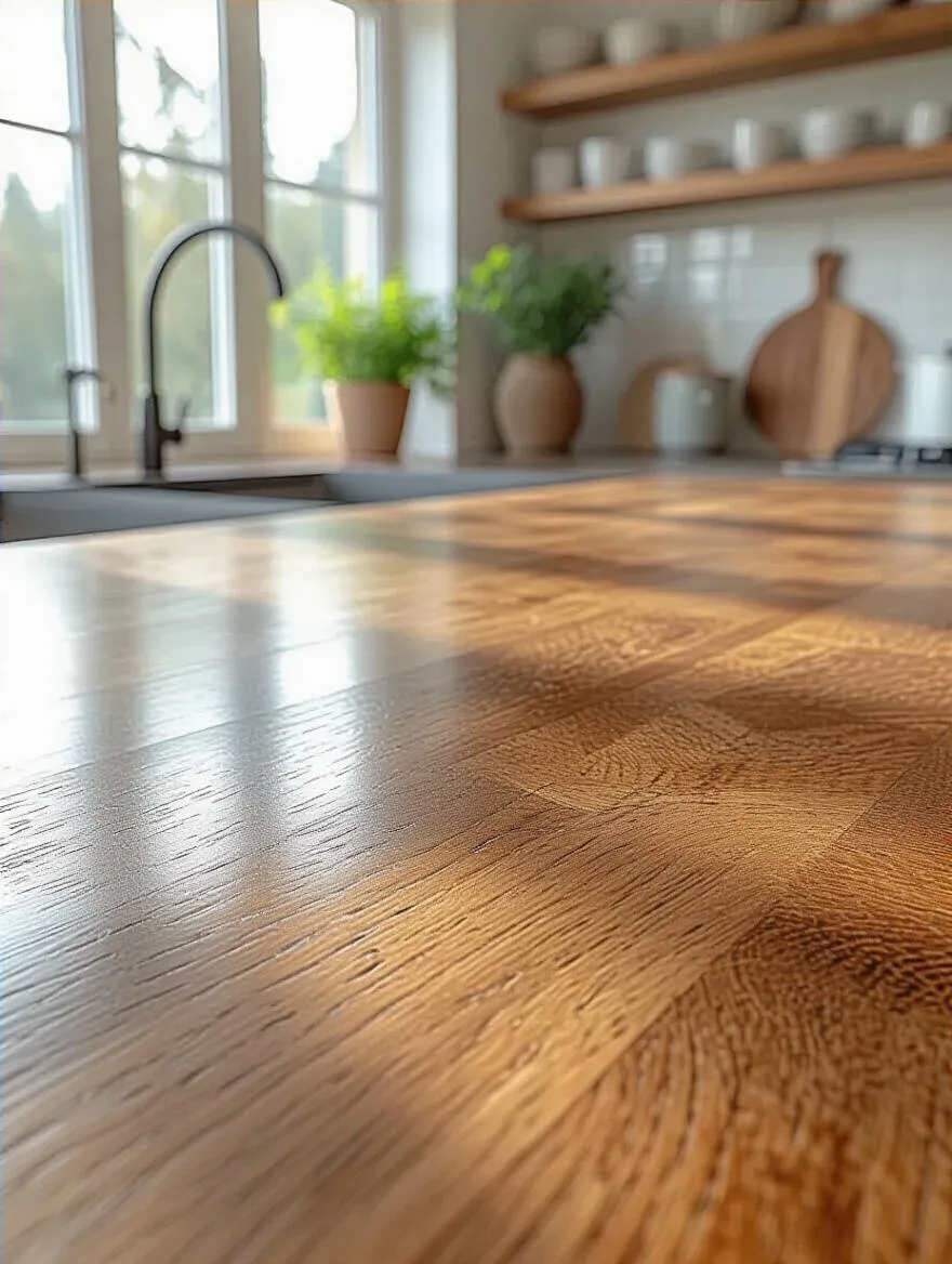 Close-up of polished quartz countertop finish on a wood kitchen island showcasing smooth, glossy surface with natural light reflection
