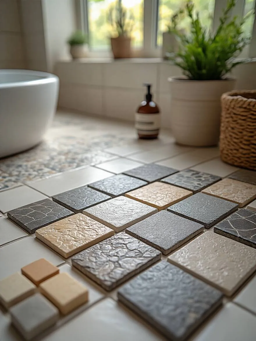 Close-up of bathroom tile samples with grout color swatches on a white surface.
