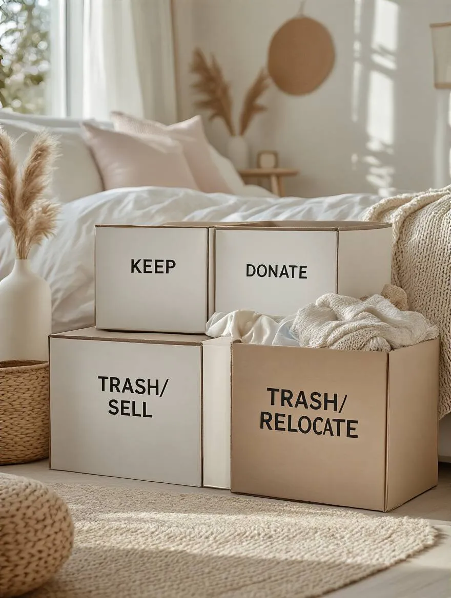 An organized bedroom with a Four-Box Decluttering System featuring labeled boxes for Keep, Donate/Sell, Trash/Recycle, and Relocate.