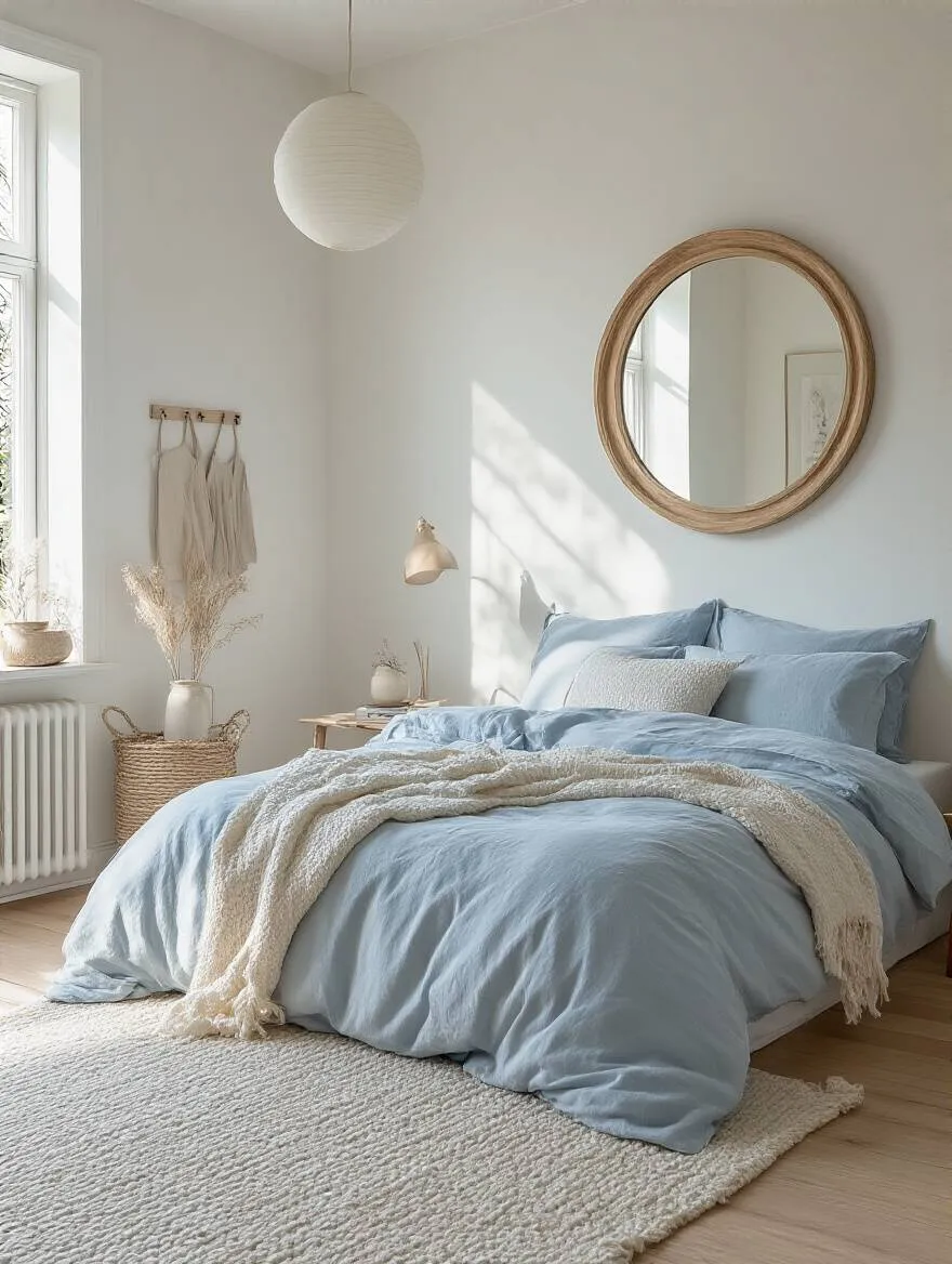 Small bedroom with light colors creating an expansive feel