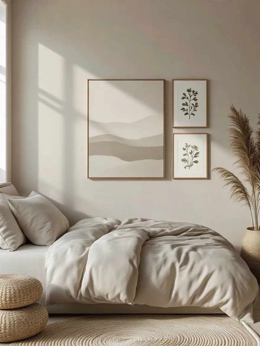 Modern bedroom wall with asymmetrical arrangement of art and plants creating visual interest