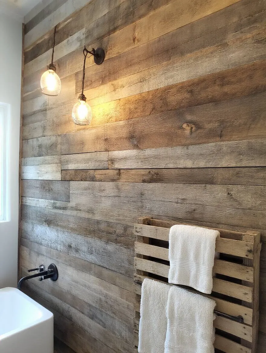 Rustic bathroom featuring a barn wood accent wall and pallet rack towel holder, illuminated by warm lighting.