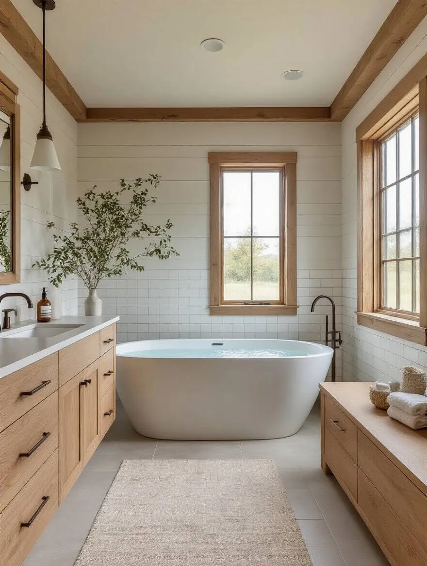 Modern bathroom interior blending Japandi and Modern Farmhouse styles with light wood vanities, subway tiles, and freestanding tub in soft natural lighting