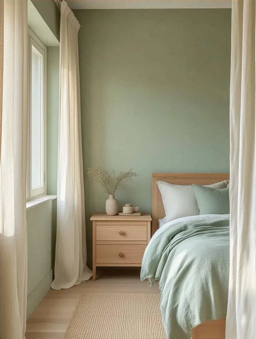Calming bedroom with muted sage green walls and natural wood furniture