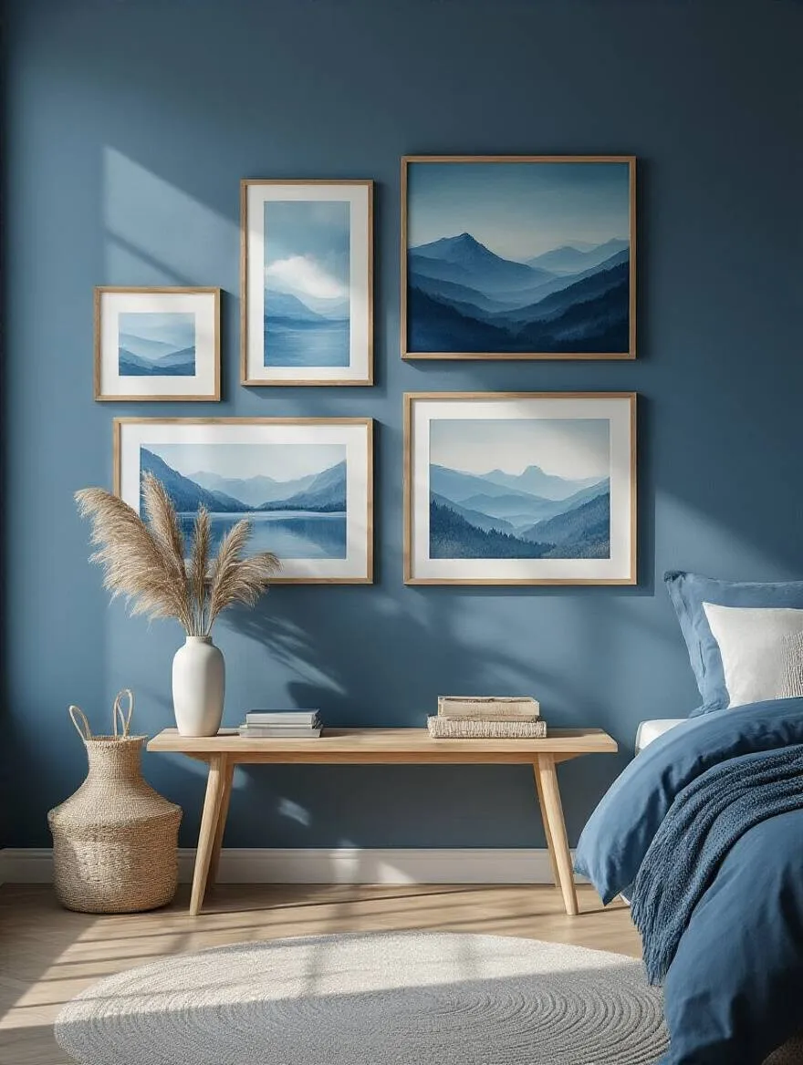 Blue-themed art and photography gallery wall in a serene bedroom corner with natural lighting