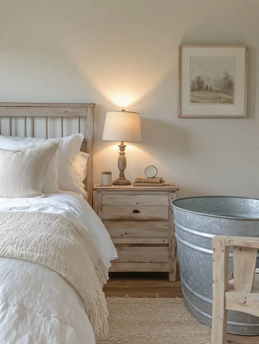 Farmhouse bedroom with galvanized metal wash tub nightstand and rustic decor, showcasing industrial farmhouse style