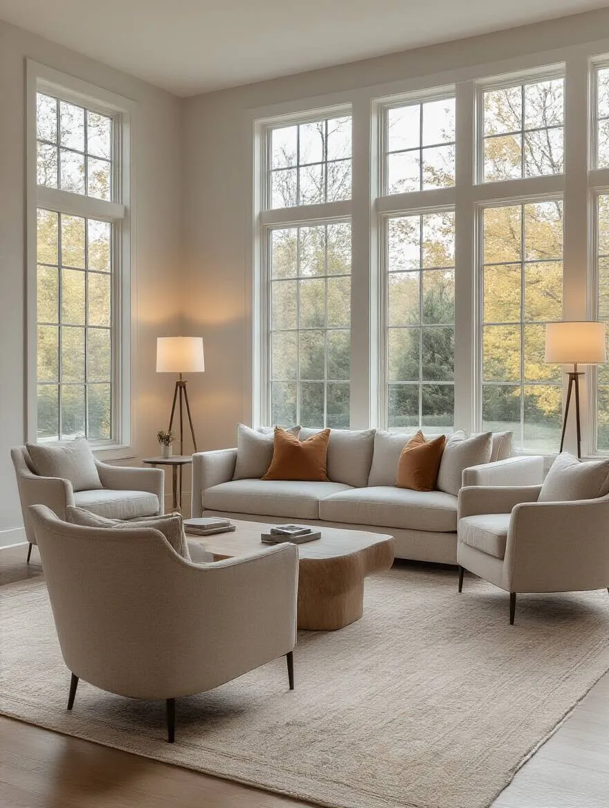 Living room with floating furniture arranged off the walls on a large area rug, creating depth and inviting comfort