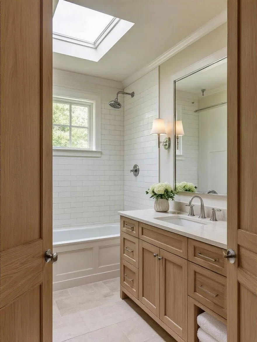 Timeless bathroom design with neutral colors, natural stone countertop, white subway tiles, and chrome fixtures in a bright, elegant space