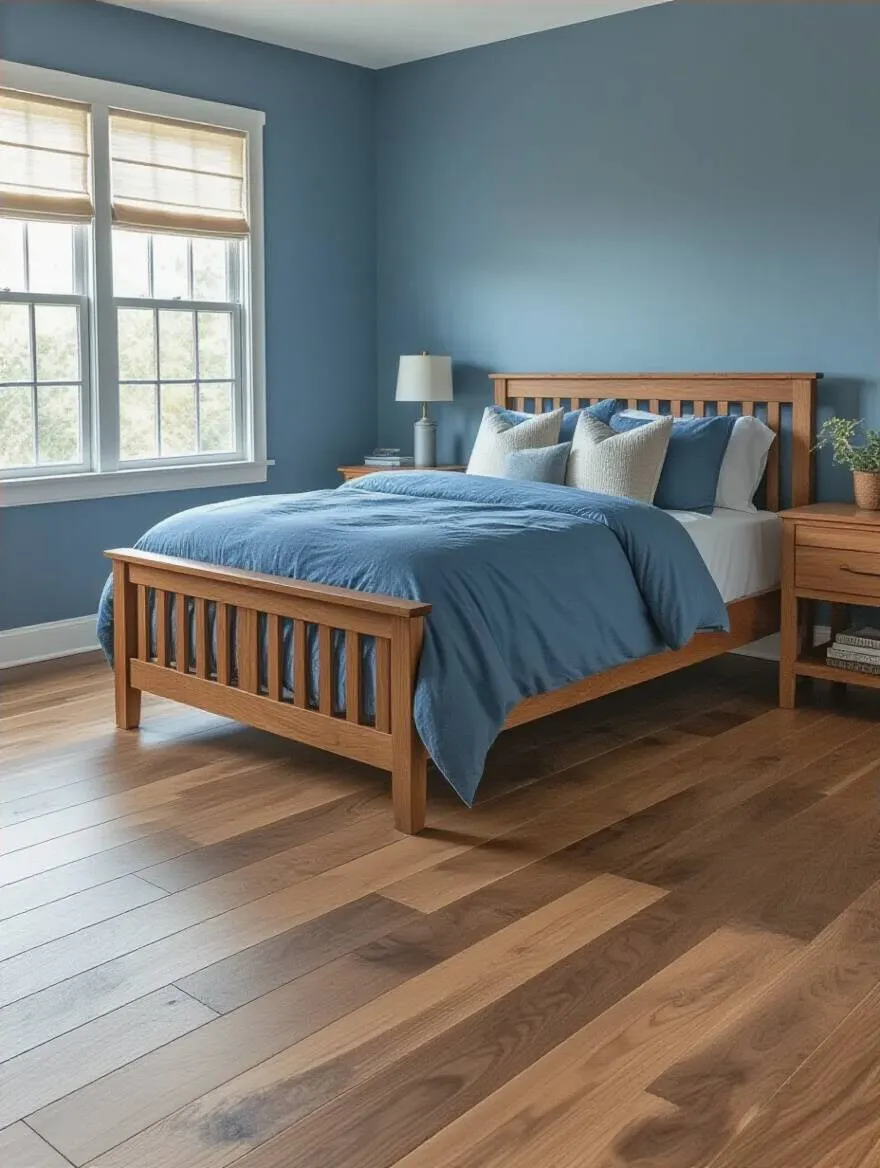 Blue bedroom with warm natural wood furniture and blue walls creating a cozy and balanced atmosphere