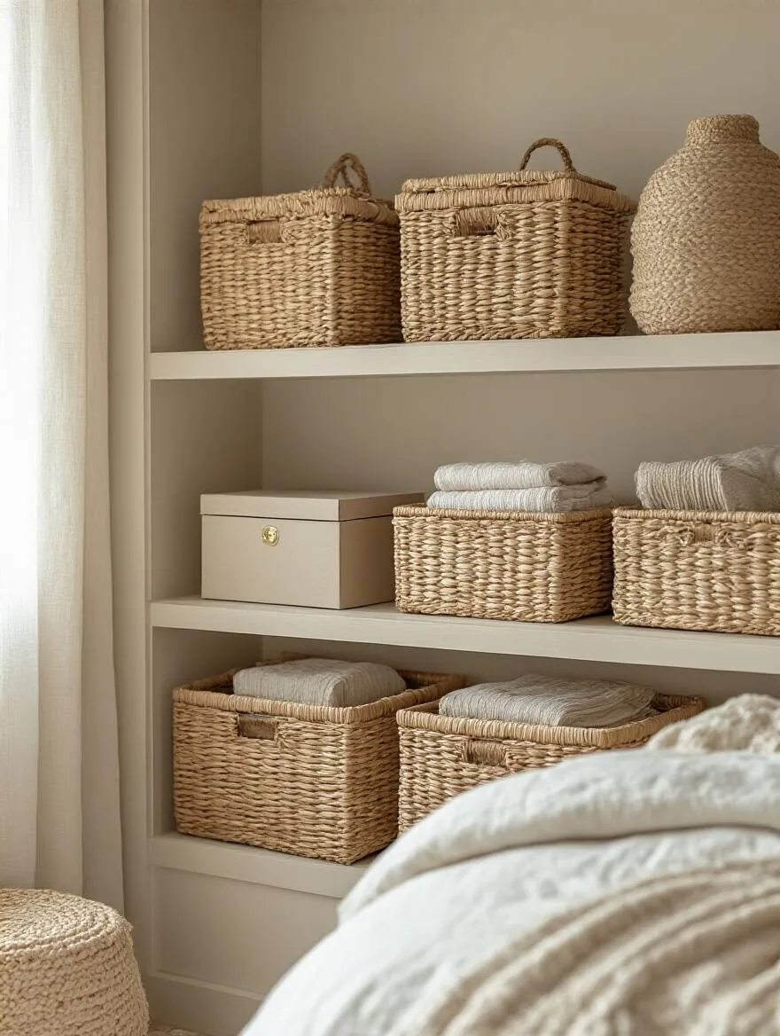Organized bedroom with woven baskets and decorative boxes