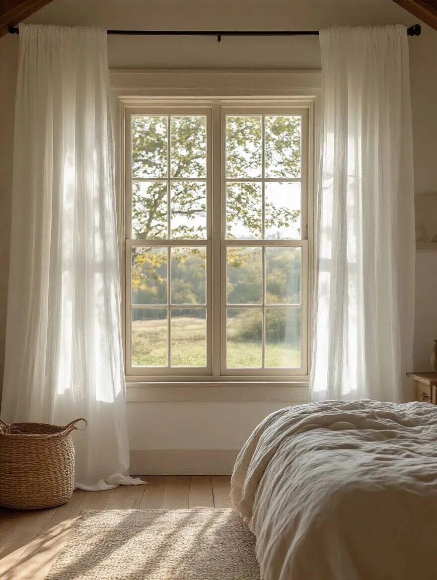 Farmhouse bedroom with sheer white linen curtains softly diffusing natural light through large windows