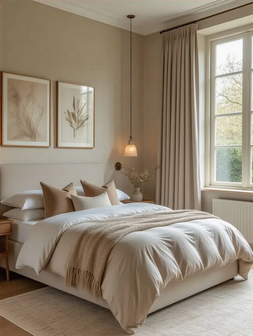 A serene bedroom with complementary wall shades harmonizing with existing decor.