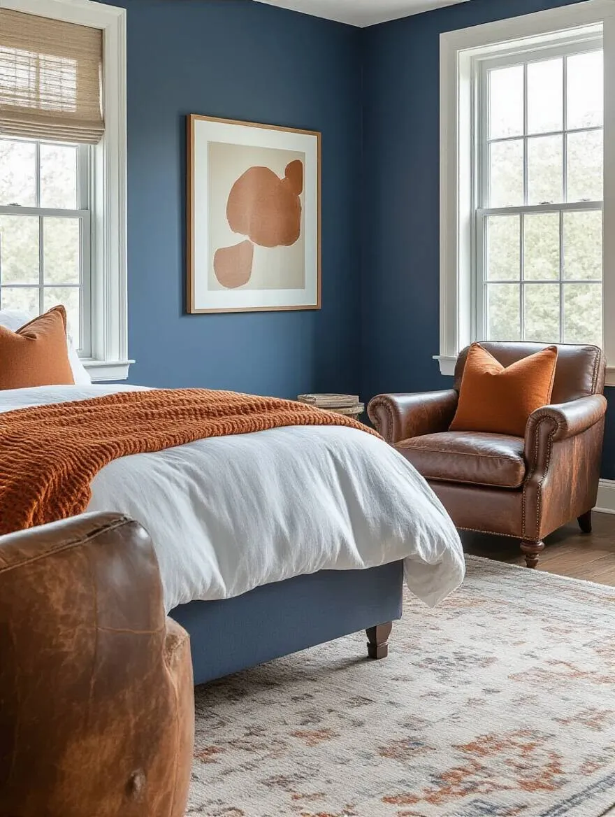 Elegant blue bedroom with navy walls and warm rust-orange accents creating a harmonious and serene atmosphere