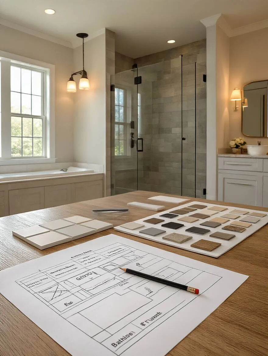 Bathroom renovation planning with checklist, layout sketch, and sample materials on table with renovated bathroom background