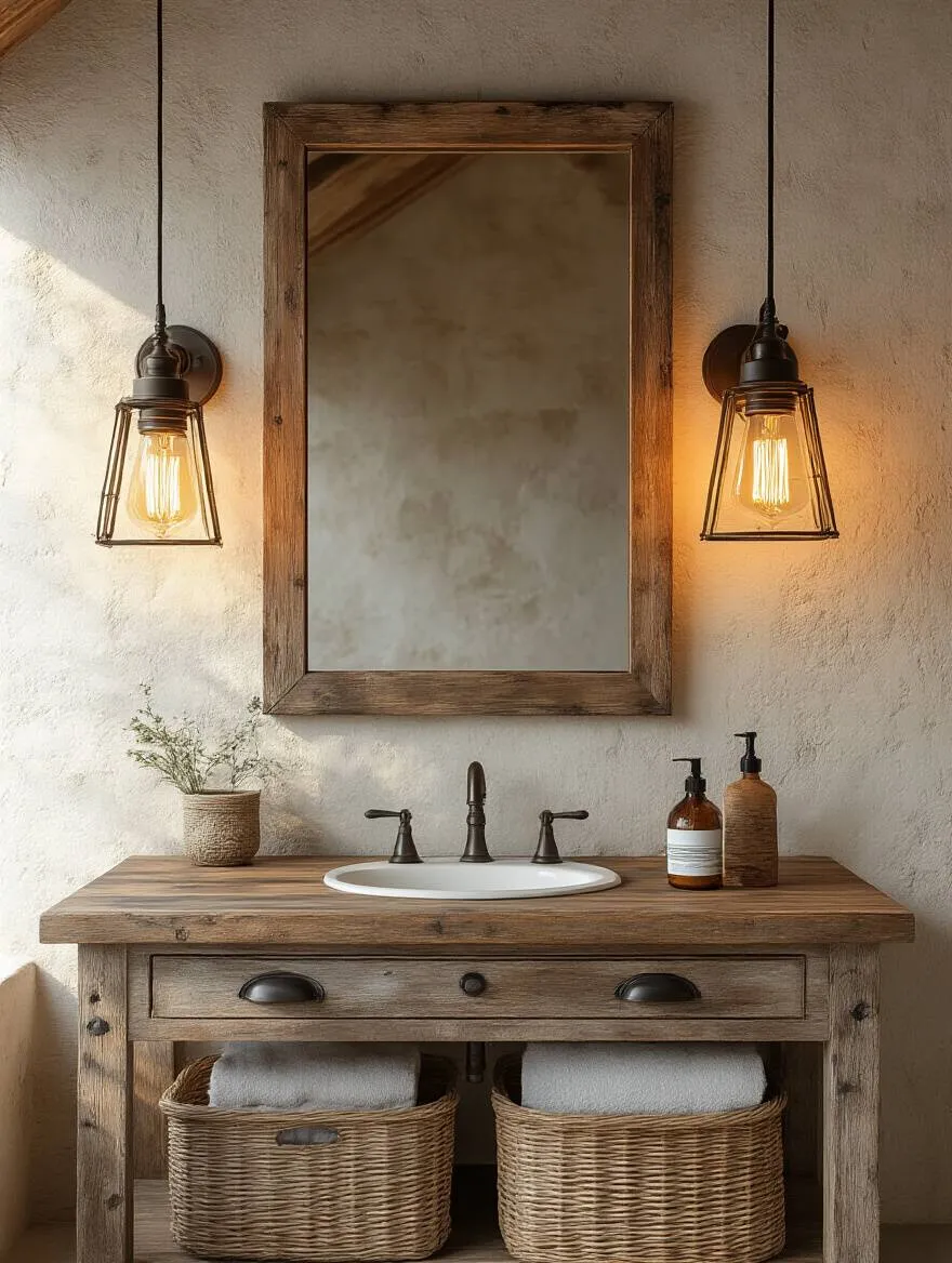 Rustic bathroom with vintage Edison bulbs and lantern-style fixtures illuminating a wooden vanity