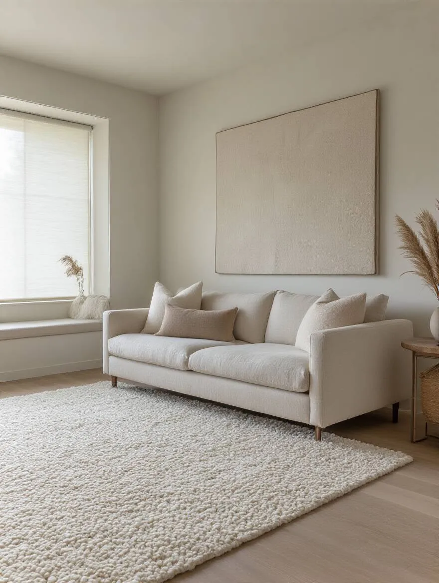 Master bedroom with acoustic solutions including thick rugs, upholstered furniture, and soundproof windows for ultimate serenity