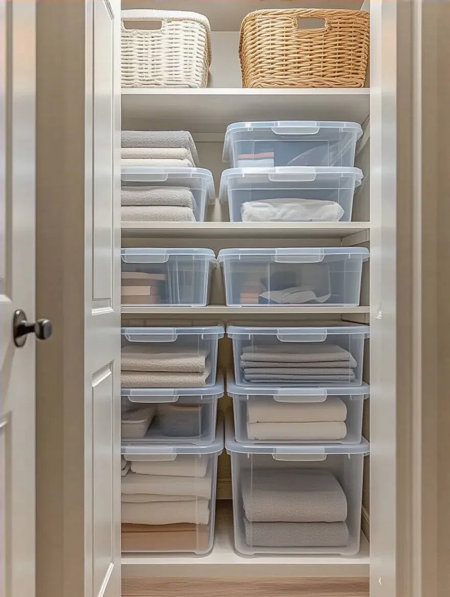 Organized closet with clear stackable bins for off-season storage