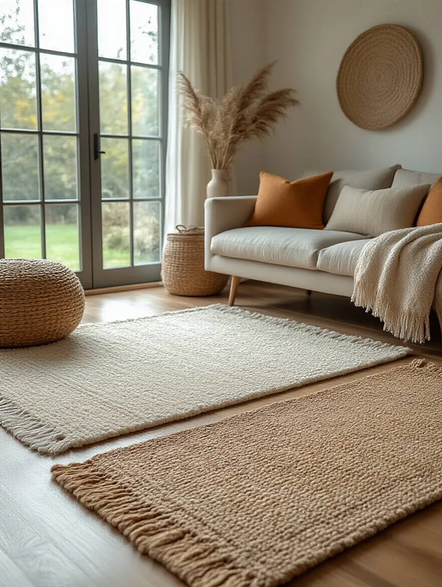 A living room showcasing various rugs of different materials, emphasizing effective cleaning routines.