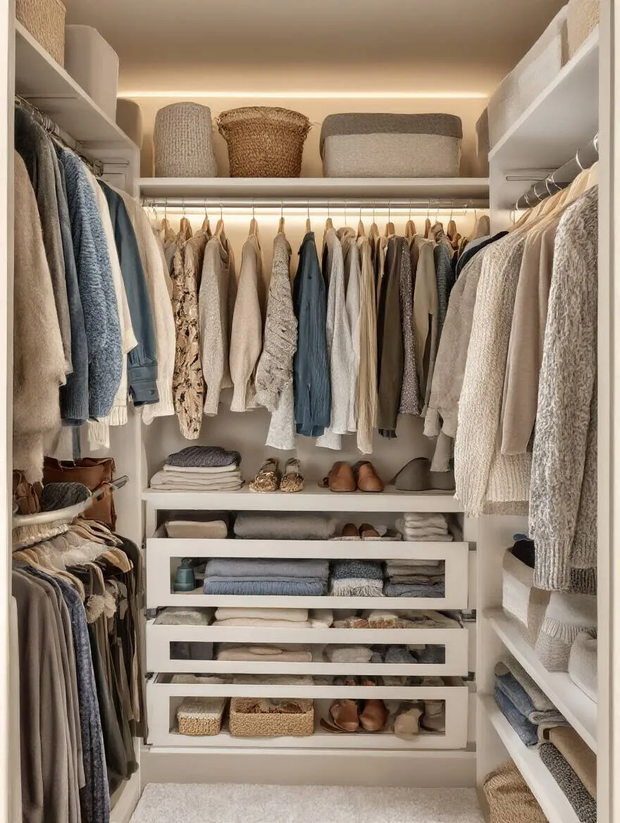 Well-organized closet with neatly hung clothes and folded sweaters
