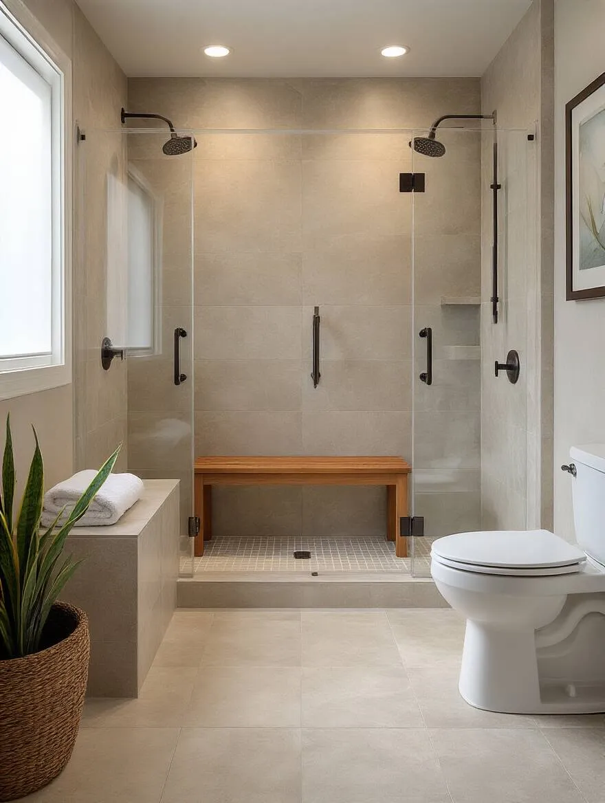 Modern accessible bathroom with curbless shower, fold-down bench, and comfort-height toilet showcasing universal design elements