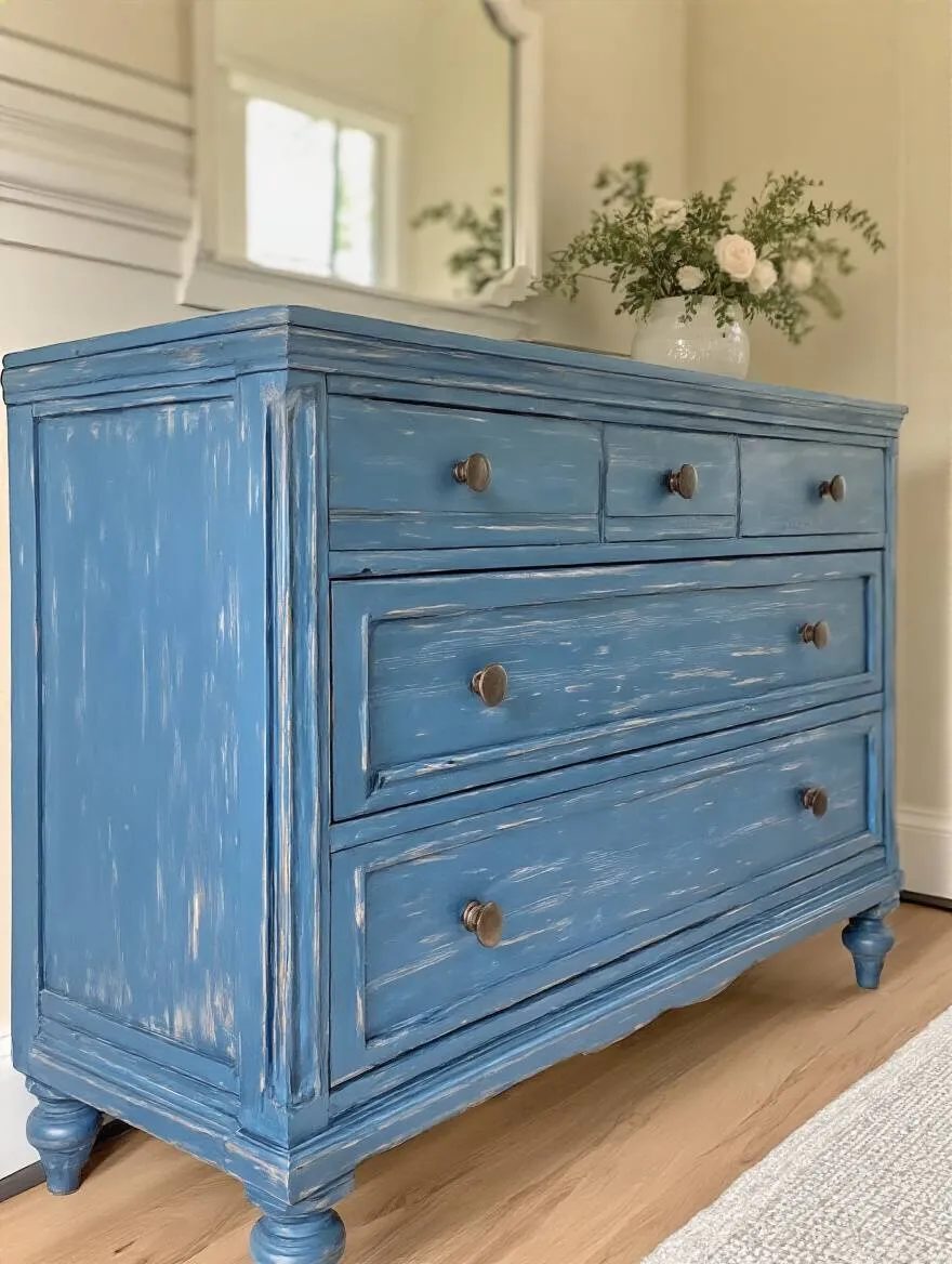 Portrait image of a serene bedroom featuring a vibrant blue-painted dresser creating charming contrast against neutral walls and flooring