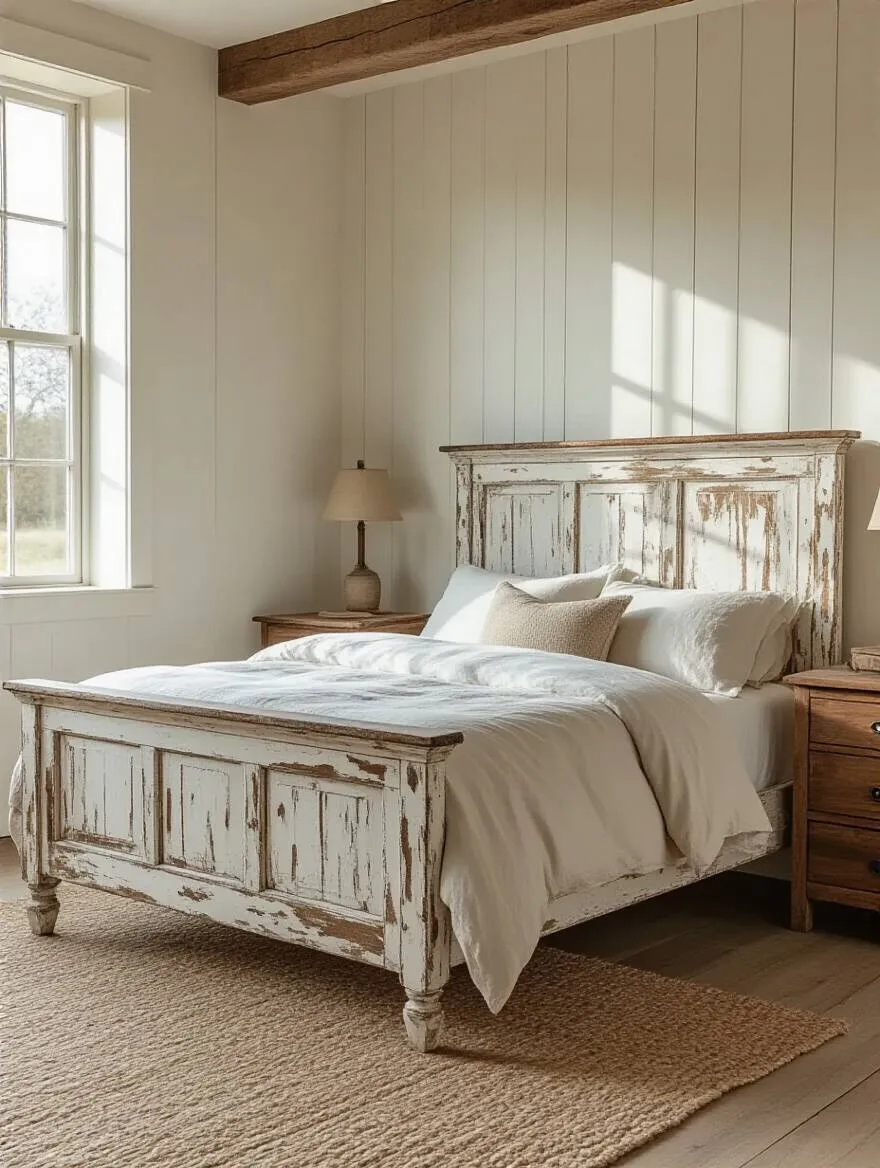Cozy farmhouse bedroom featuring a distressed wood bed frame with authentic patina and chippy white paint