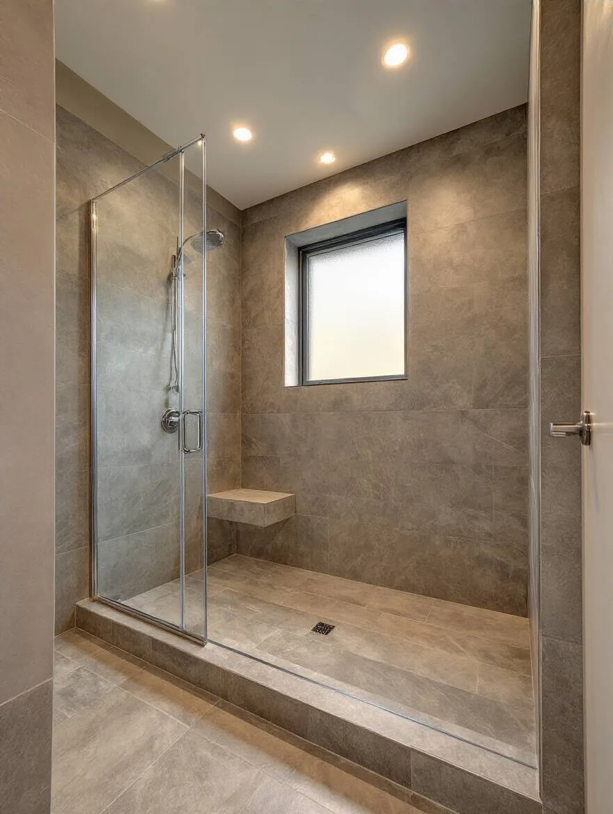 Modern bathroom interior featuring durable, moisture-resistant porcelain tiles and moisture-proof walls with professional lighting
