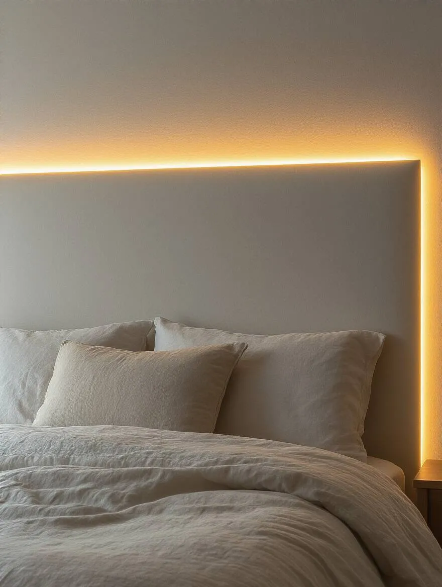 Modern bedroom featuring warm LED strip backlighting behind headboard creating subtle mood-enhancing glow