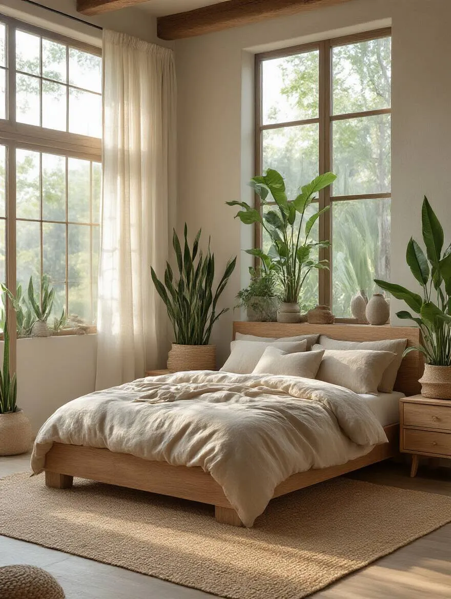 Master bedroom featuring natural elements like wooden furniture, green plants, and natural light for an organic calm ambiance
