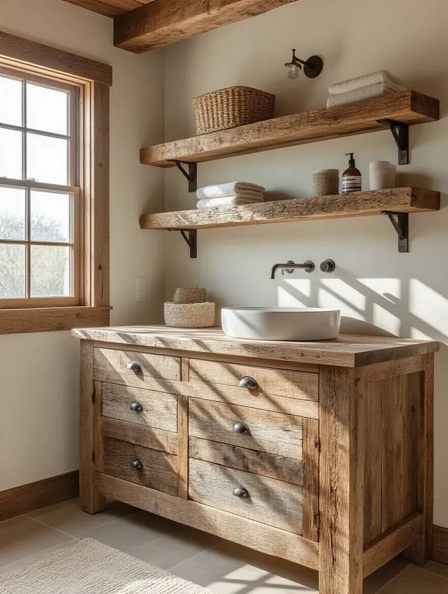 Rustic bathroom showcasing reclaimed wood vanities and shelving elements