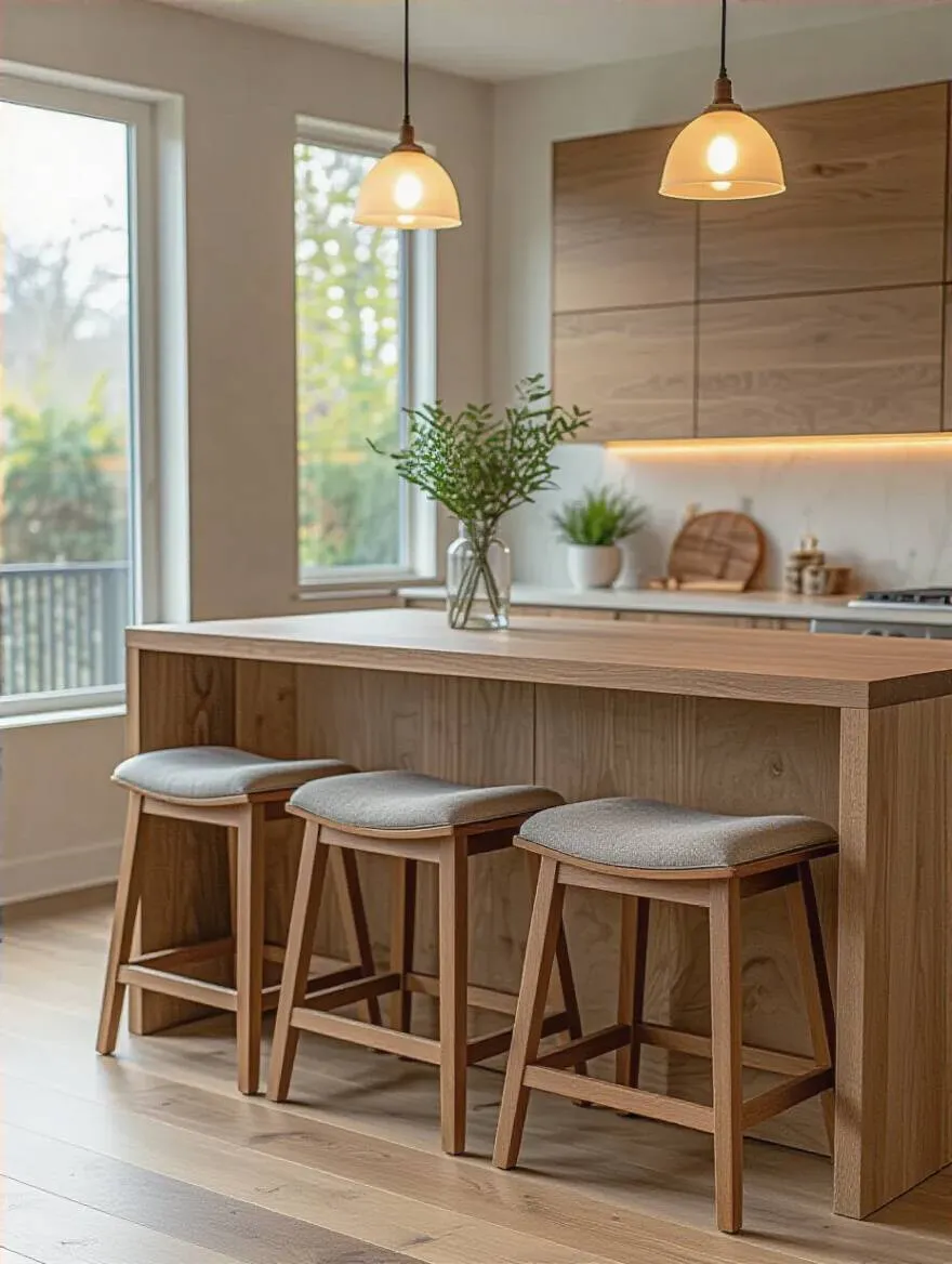 Modern wood kitchen island with ergonomic seating and pendant lighting, no people, professional photo