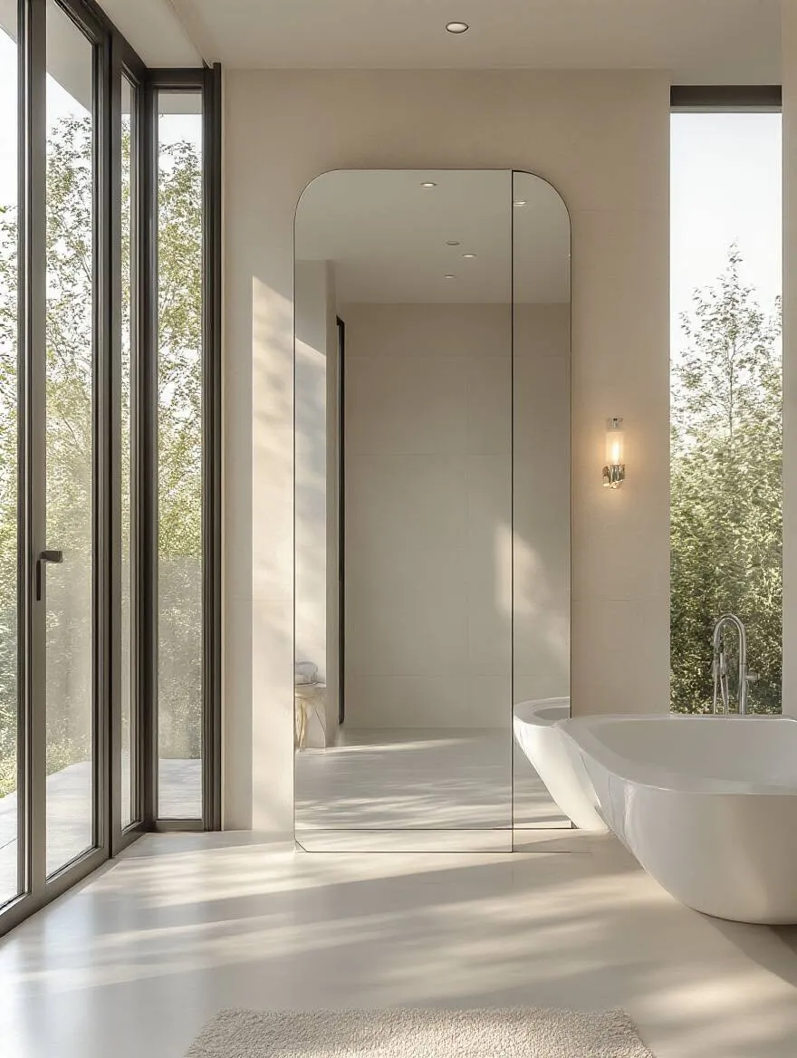 Modern bathroom with large frameless wall-to-ceiling mirror reflecting natural light to enhance space