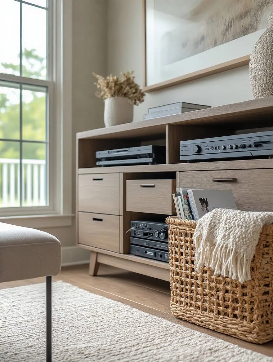 Modern living room corner featuring stylish storage solutions including a low-profile media console and decorative woven basket to reduce visual clutter