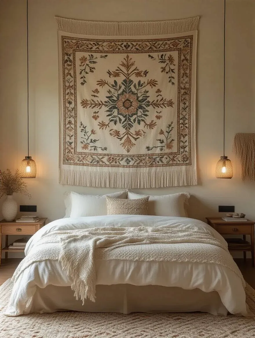 Cozy bedroom with large woven tapestry hung above the bed creating soft texture and warmth
