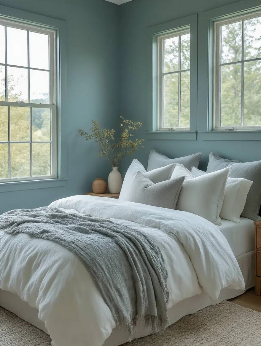 A serene bedroom with soft blue and muted green walls, showcasing calming decor.