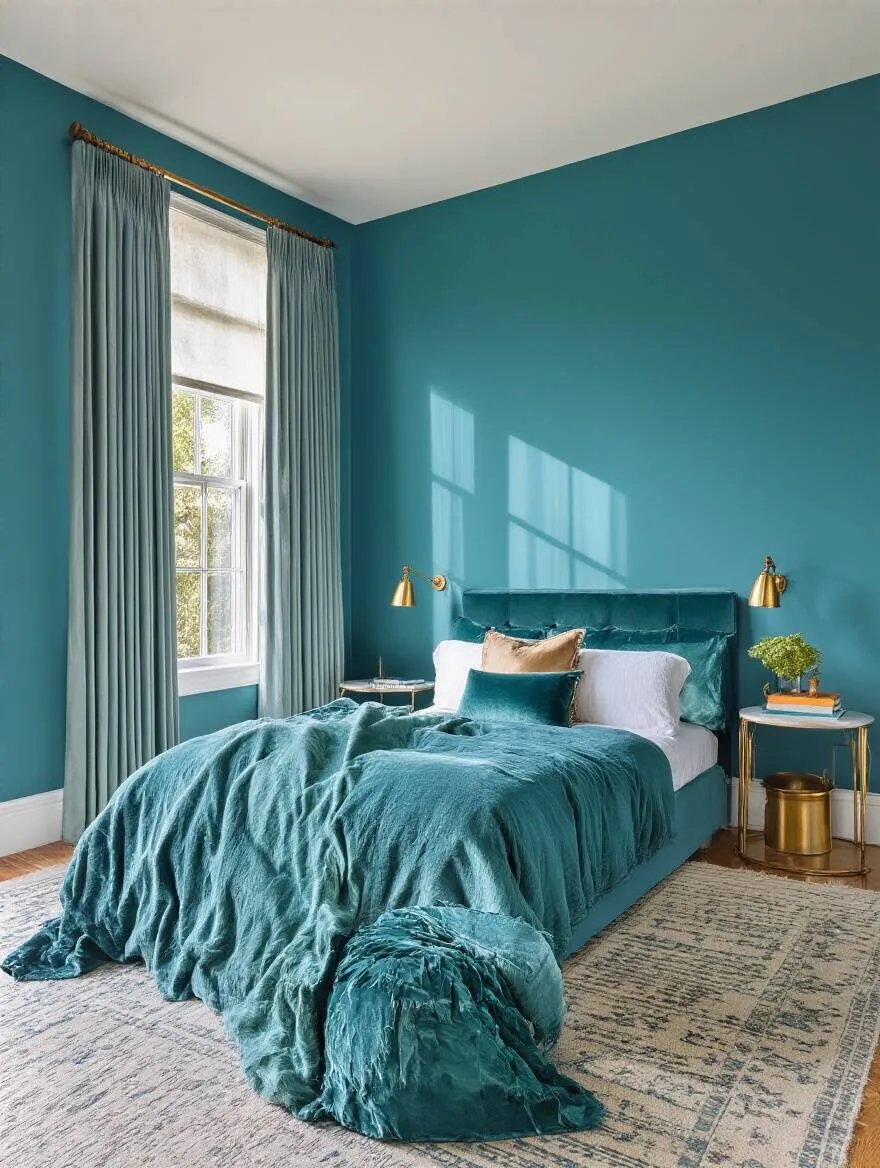 Blue bedroom with vibrant teal accent wall and plush teal textiles creating a playful yet soothing atmosphere