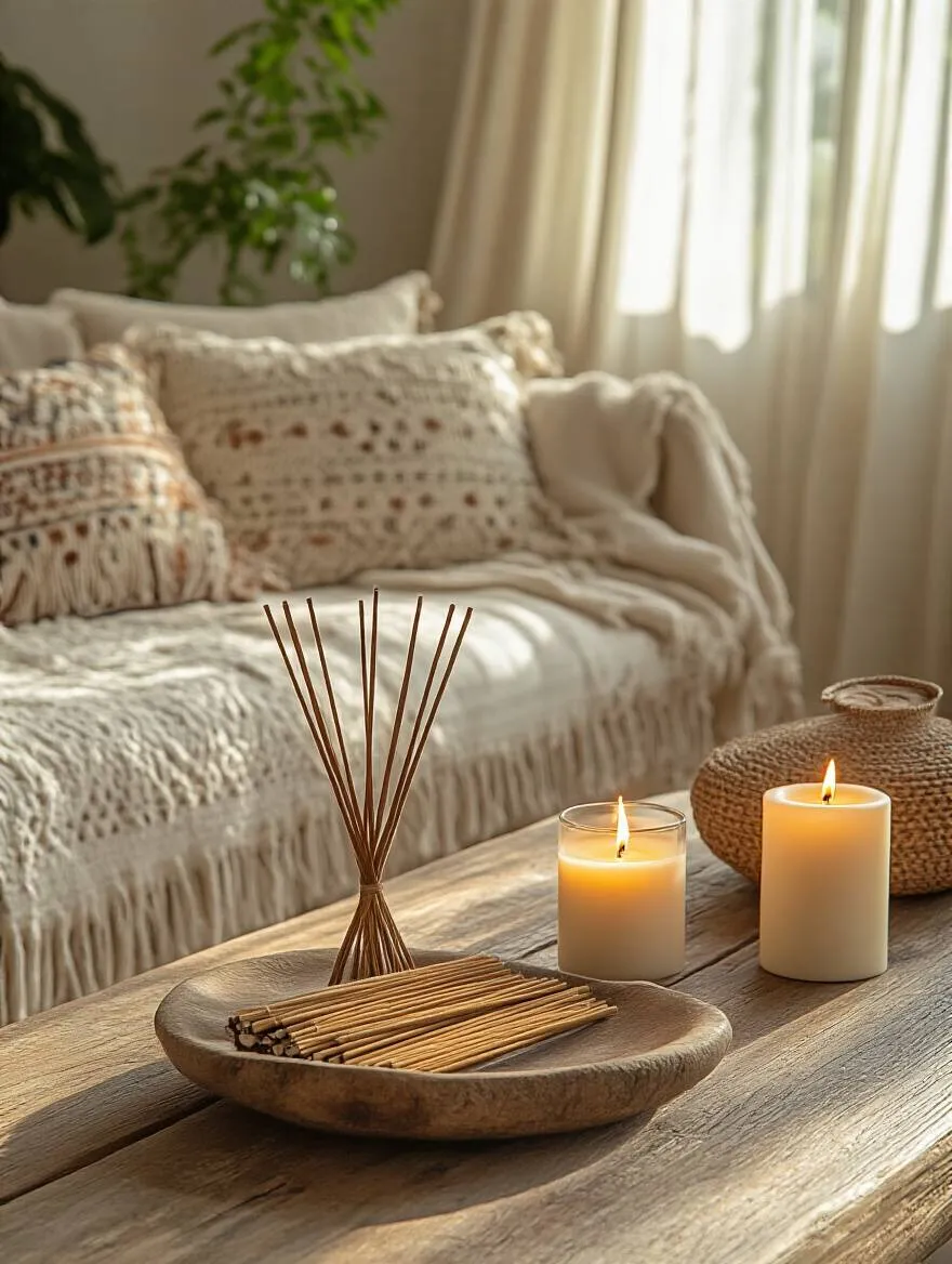Boho living room with natural incense and candles, warm lighting