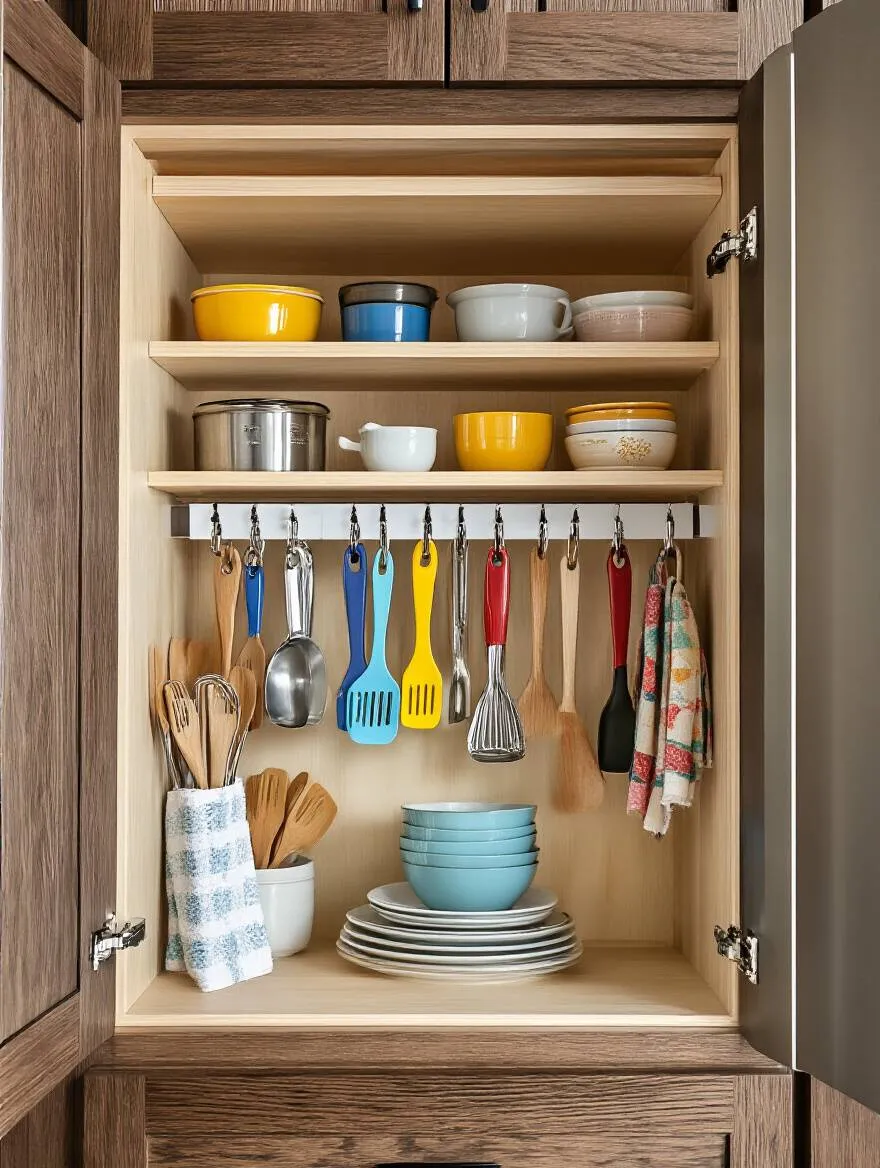 Inside kitchen cabinet door with Command hooks holding measuring cups, spatulas, and towels for organized storage