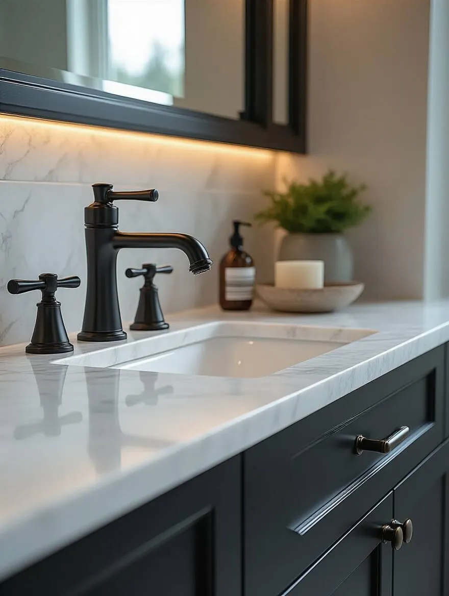 Close-up portrait image of modern bathroom sink with matte black designer faucet and matching hardware on white marble countertop