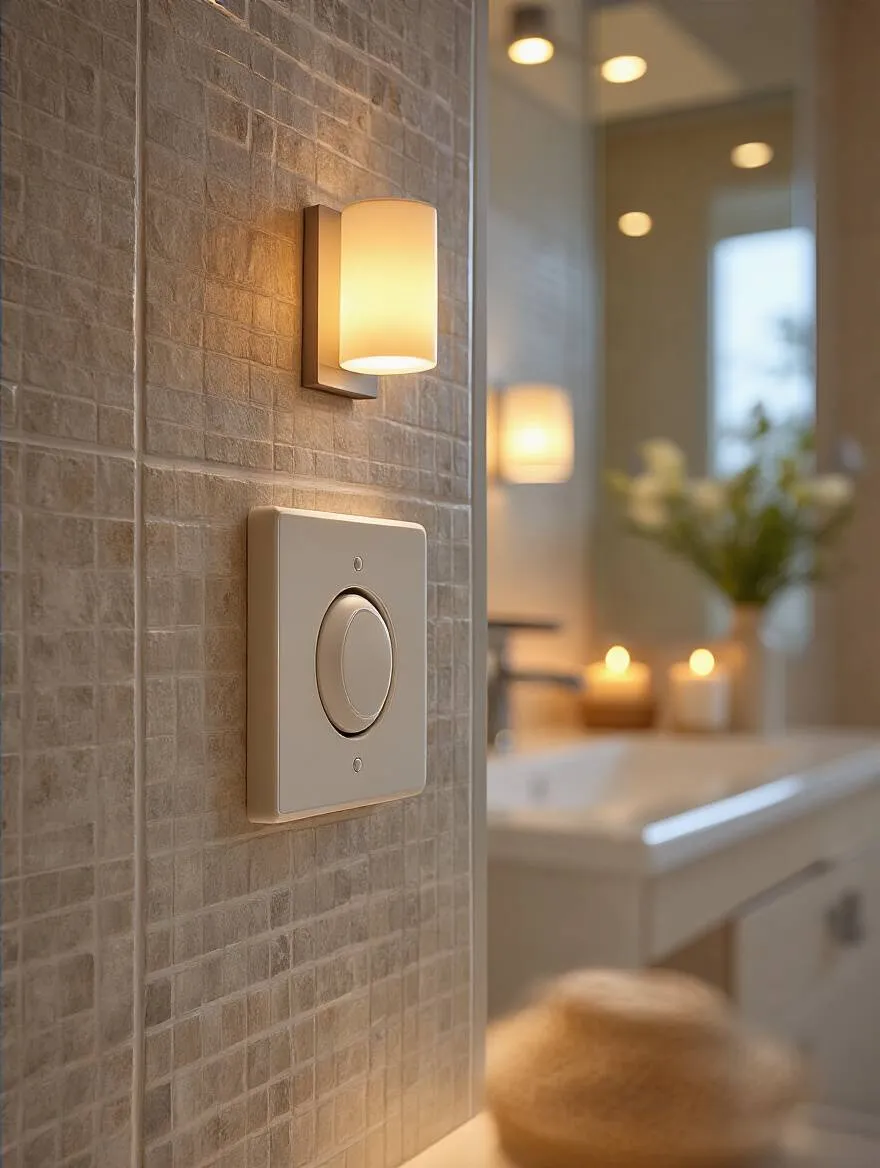 Modern bathroom dimmer switch with warm ambient lighting creating a soothing atmosphere